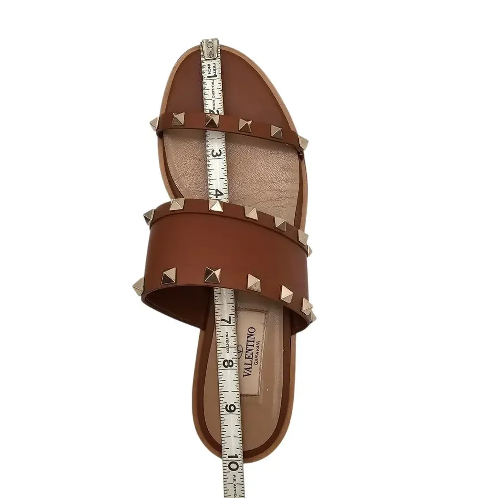 Valentino Garavani Rockstud Brown Leather Flat Sandal Strap Slide Gold Size 38 8